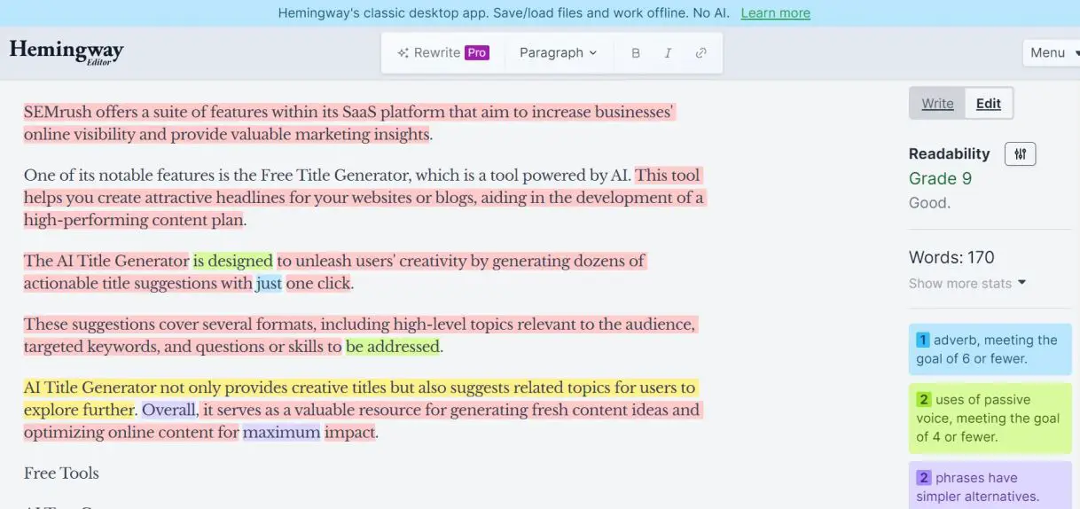 Hemingway app for content optimization