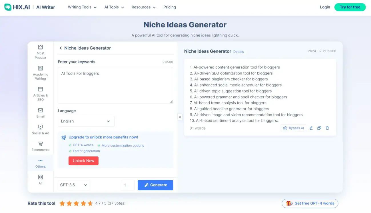 Hix.ai AI tools for Niche finder