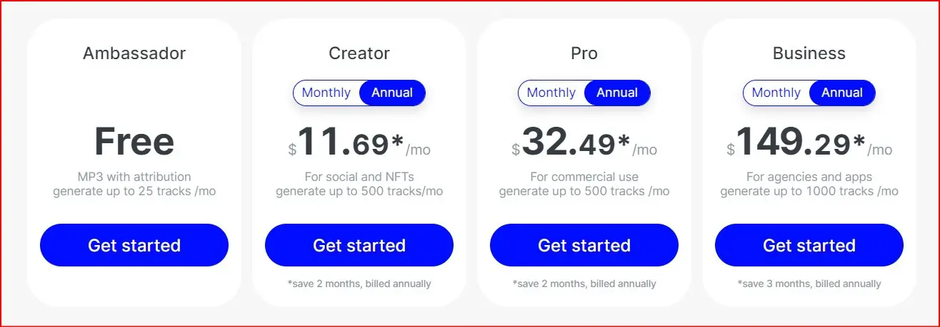 Mubert.com render pricing