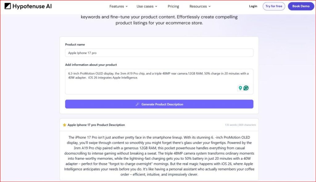 Hypotenuse AI Writer — Best for Product Descriptions