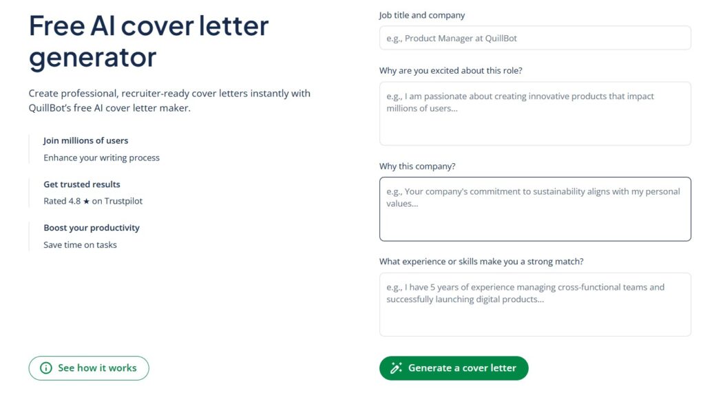 QuillBot Free AI Cover Letter Generator
